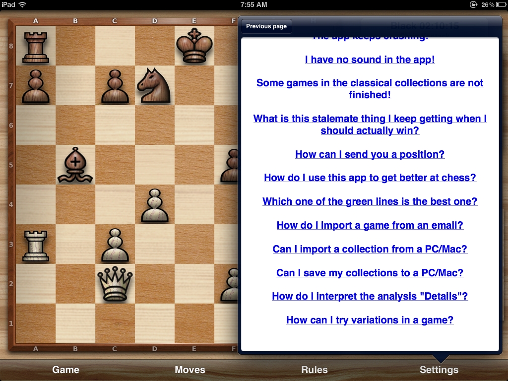 Chess Pro with coach - FAQ menu continued - page down for FAQ example