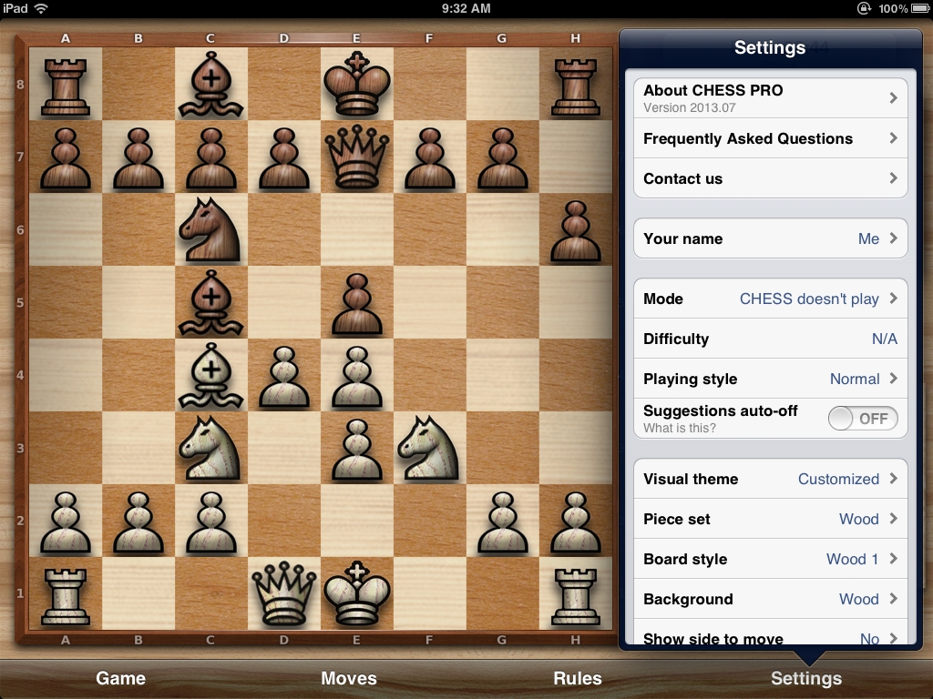 Chess Pro with coach - Settings menu - page down for FAQ examples