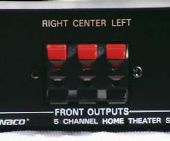 Shown here, are the front speaker outputs on the Dynaco QD-1.  Note that connections are provided for left, center, and right channels.  Use of the center channel output is optional.